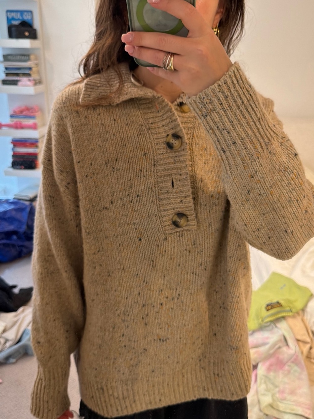 Zara Speckled Tan Button-Front V-Neck Sweater